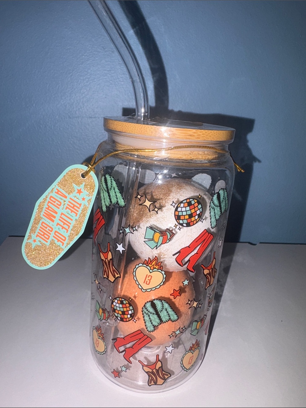 Reusable Party Drink Jar with Straw in Orange and White with 2 bath bombs inside
